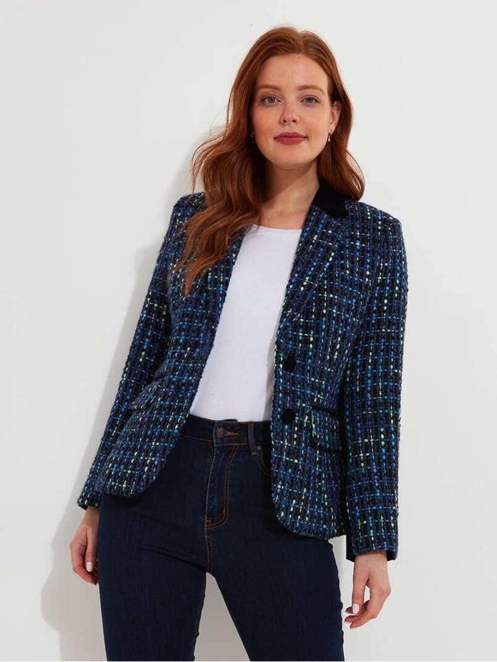 Joe Browns Tiah Tweed Blazer Size 18W Blue Velvet Collar Sophisticated Old Money